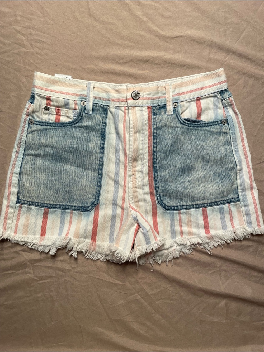 American Eagle Outfitters Striped Denim-Panel Shorts in Blue, White & Pink